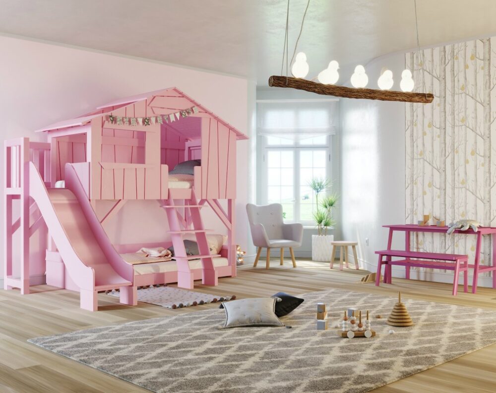 dormitorio rosa para tu hijo con tobogán